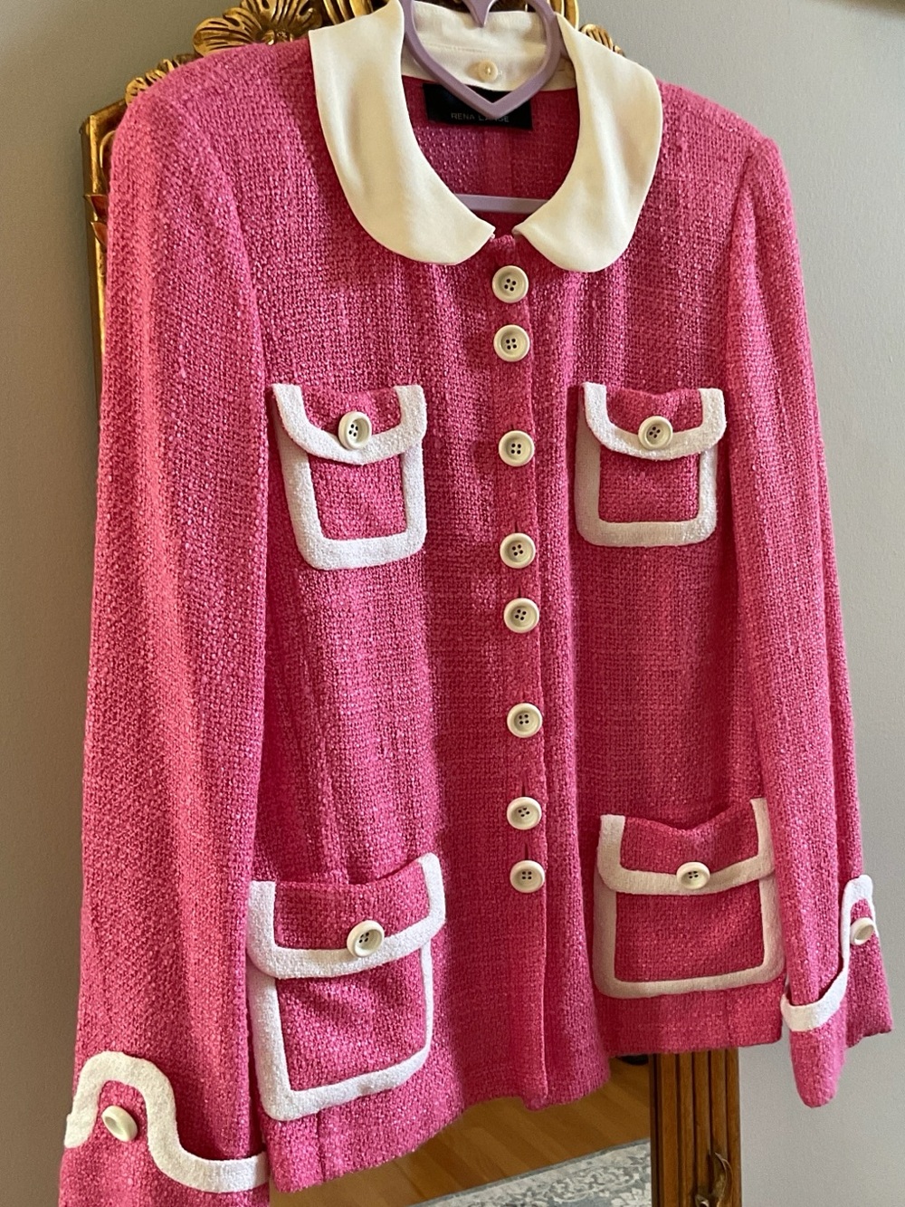 Rena Lange Pink Boucle Blazer Jacket with White Ivory Trim